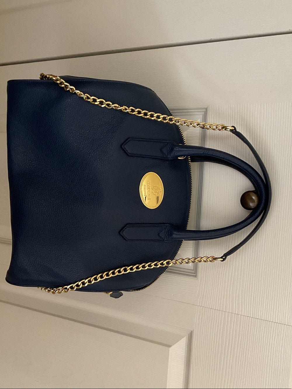 Roberto Cavalli Navy Leather Satchel with Gold Hardware